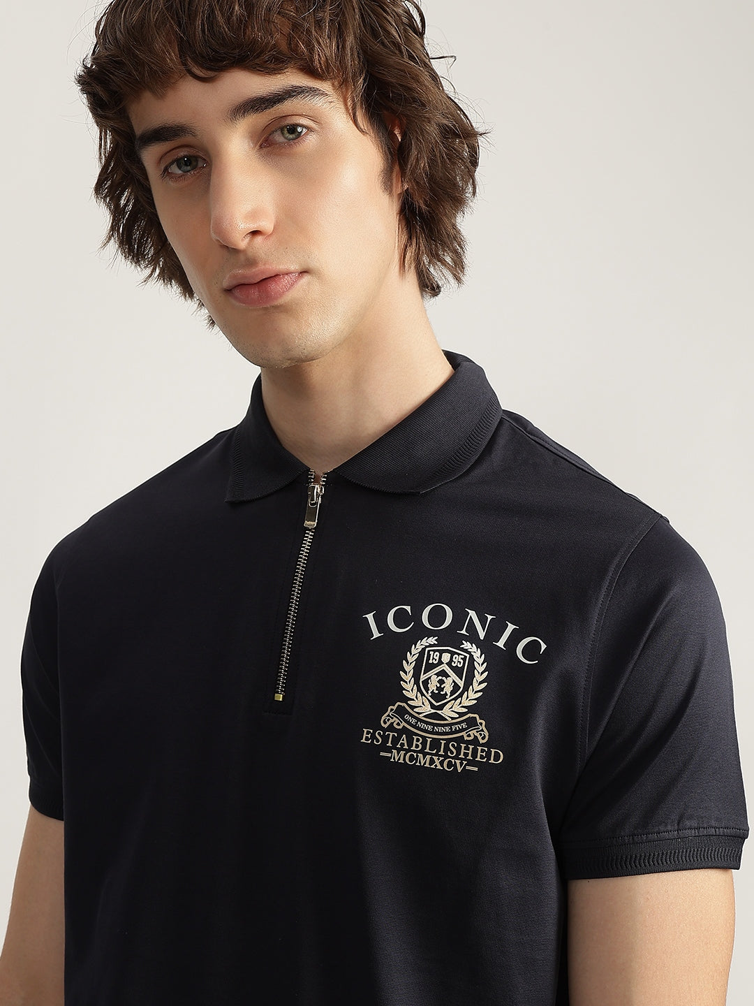 Iconic Men Navy Blue Solid Polo Neck Short Sleeves Tshirt
