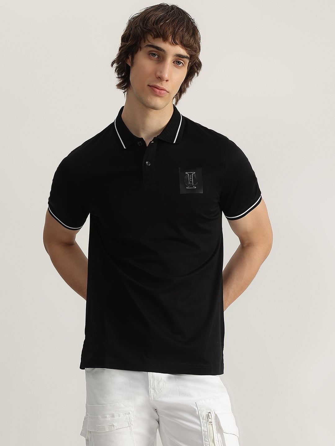 Iconic Men Black Solid Polo Neck Short Sleeves Tshirt