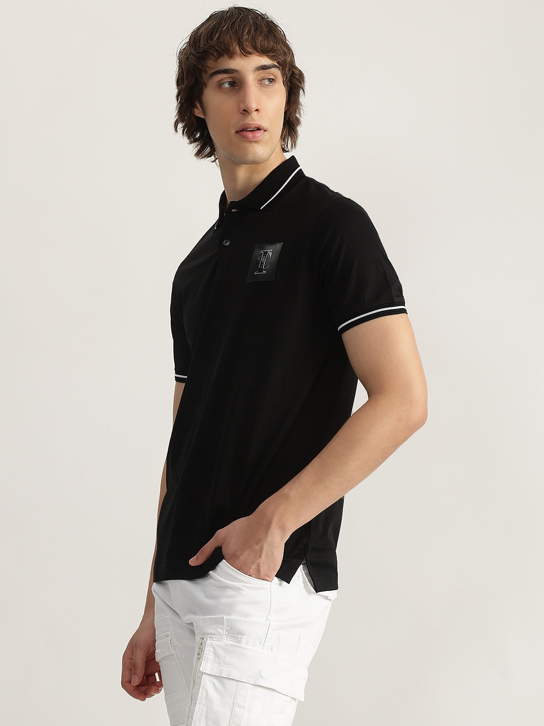 Iconic Men Black Solid Polo Neck Short Sleeves Tshirt