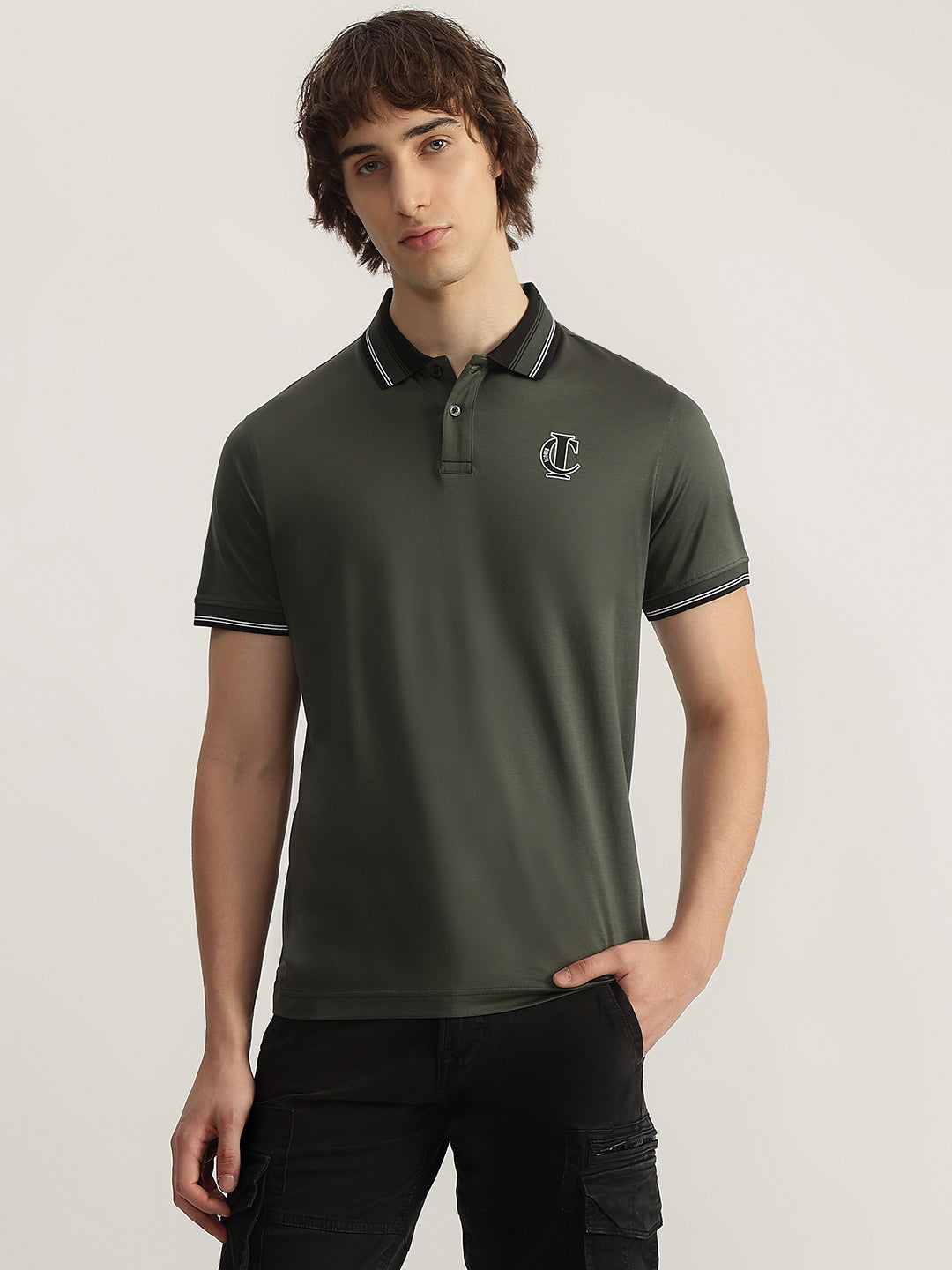 Shop Iconic Men Olive Solid Polo Neck Short Sleeves T-Shirt Online