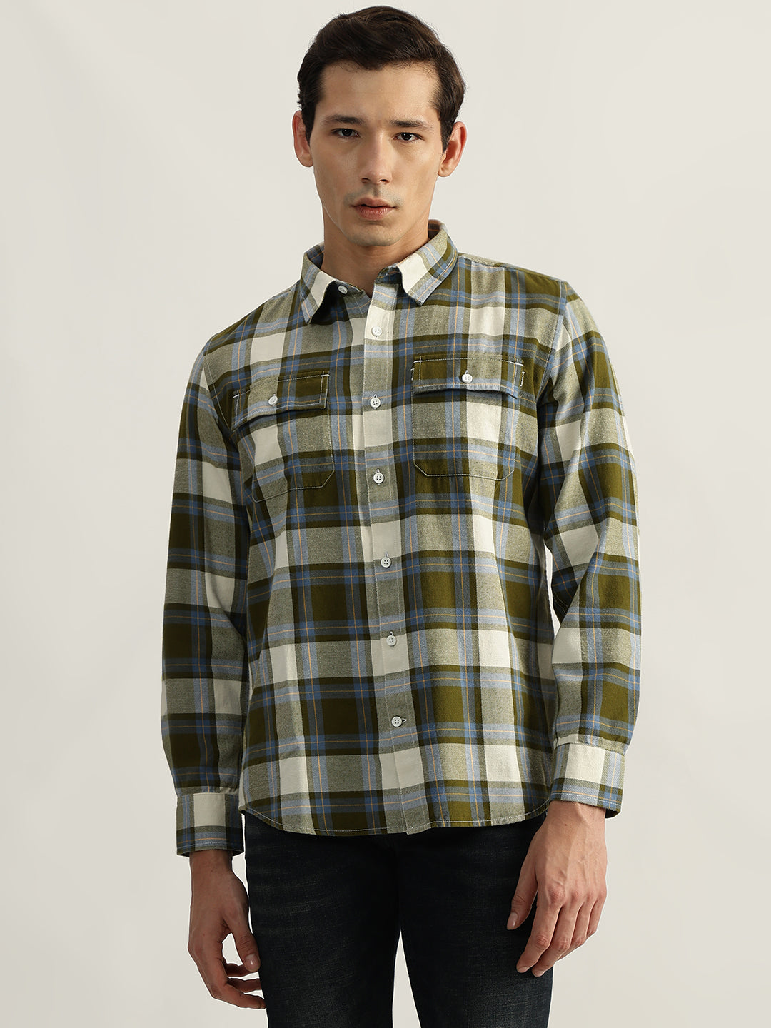 Iconic Men Green Checks Shirt Collar Shirt