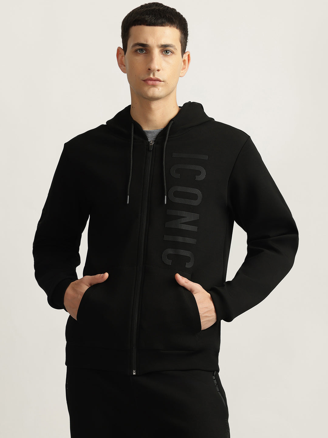 Shop Iconic Men Black Solid Hooded Full Sleeves Sweatshirt Online