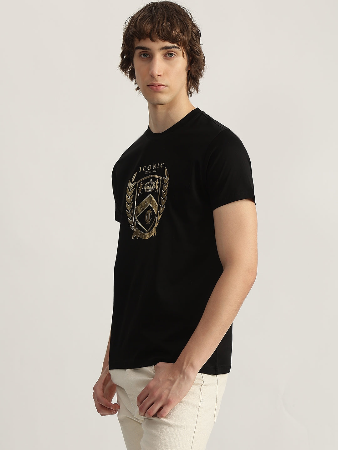 Iconic Men Black Printed Round Neck Short Sleeves Tshirt