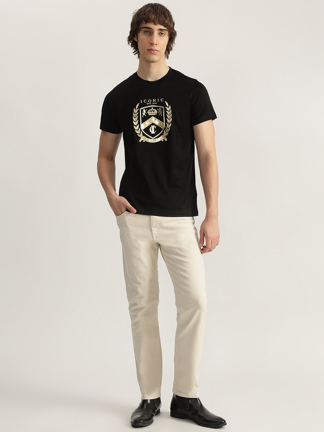 Iconic Men Black Printed Round Neck Short Sleeves Tshirt