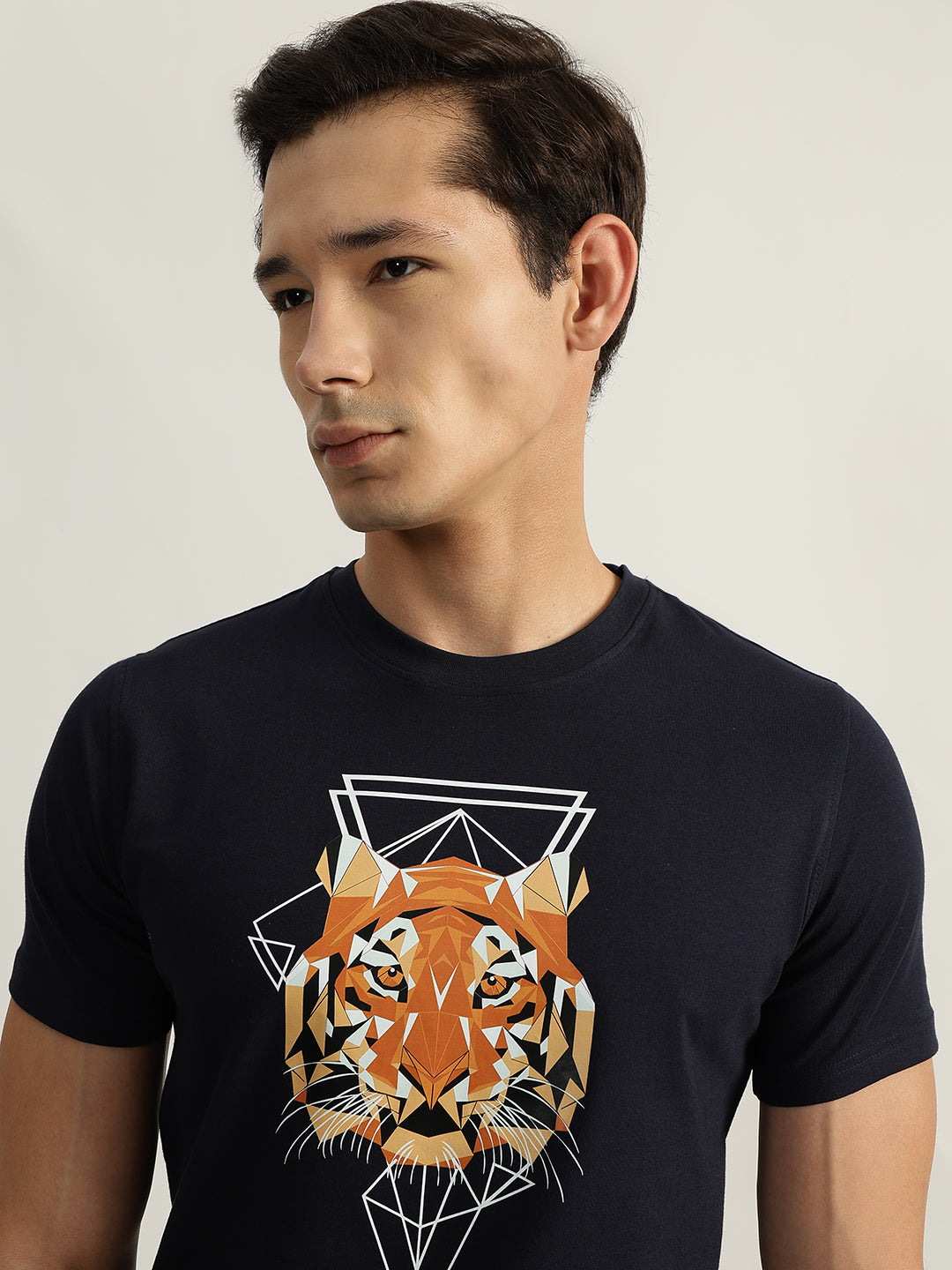 Iconic Men Navy Printed Round Neck Short Sleeves Tshirt