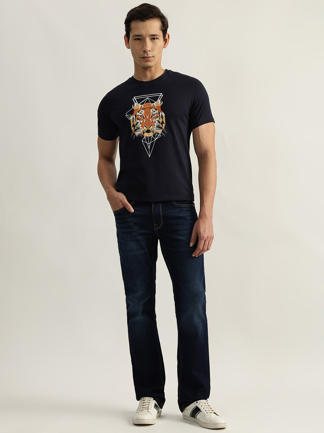 Iconic Men Navy Printed Round Neck Short Sleeves Tshirt