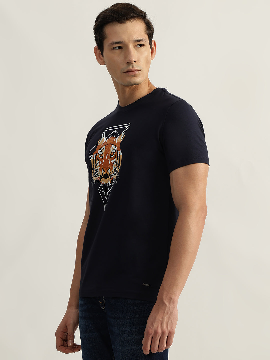 Iconic Men Navy Printed Round Neck Short Sleeves Tshirt