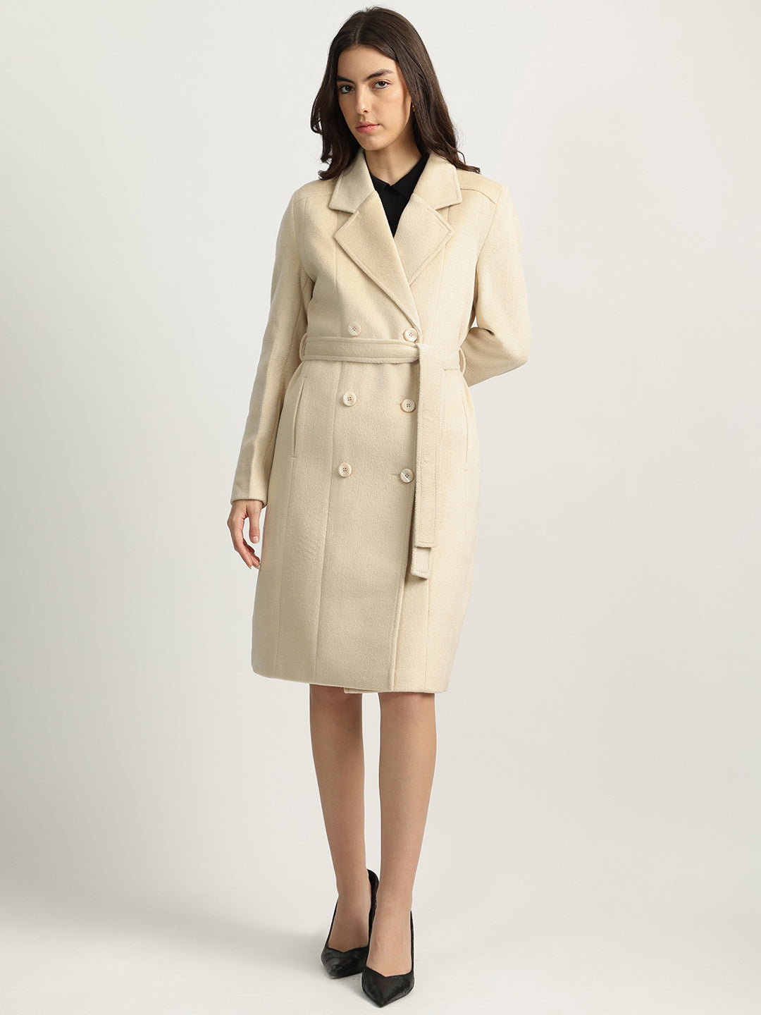 Shop Iconic Women Beige Solid Notched Collar Full Sleeves Double