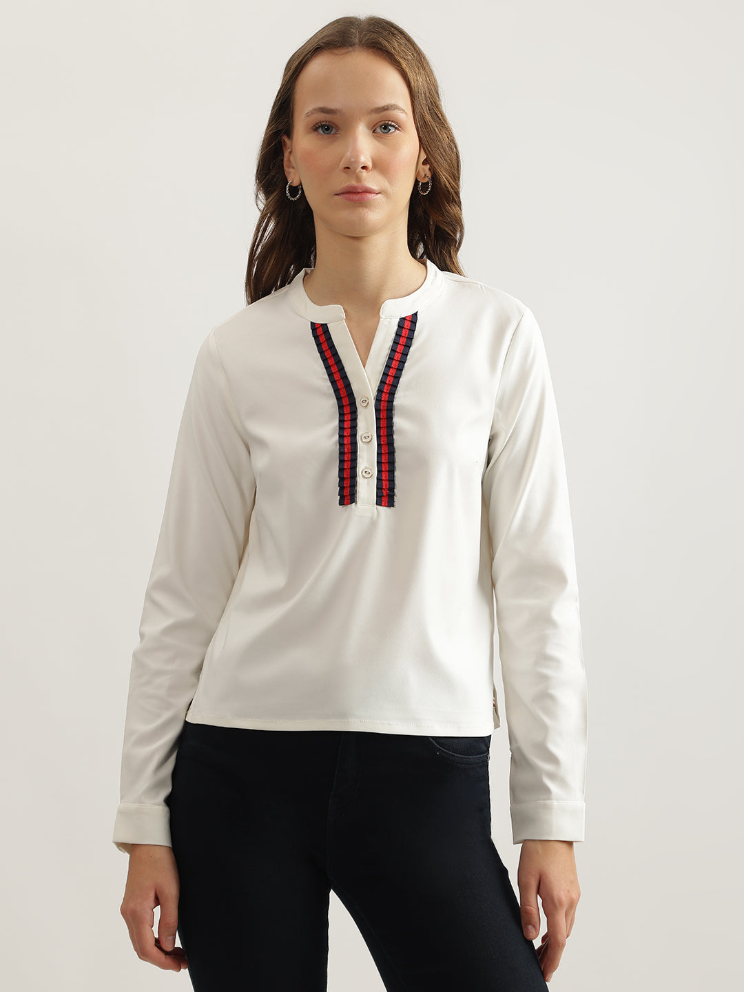 Iconic Women White Solid Band Collar Top