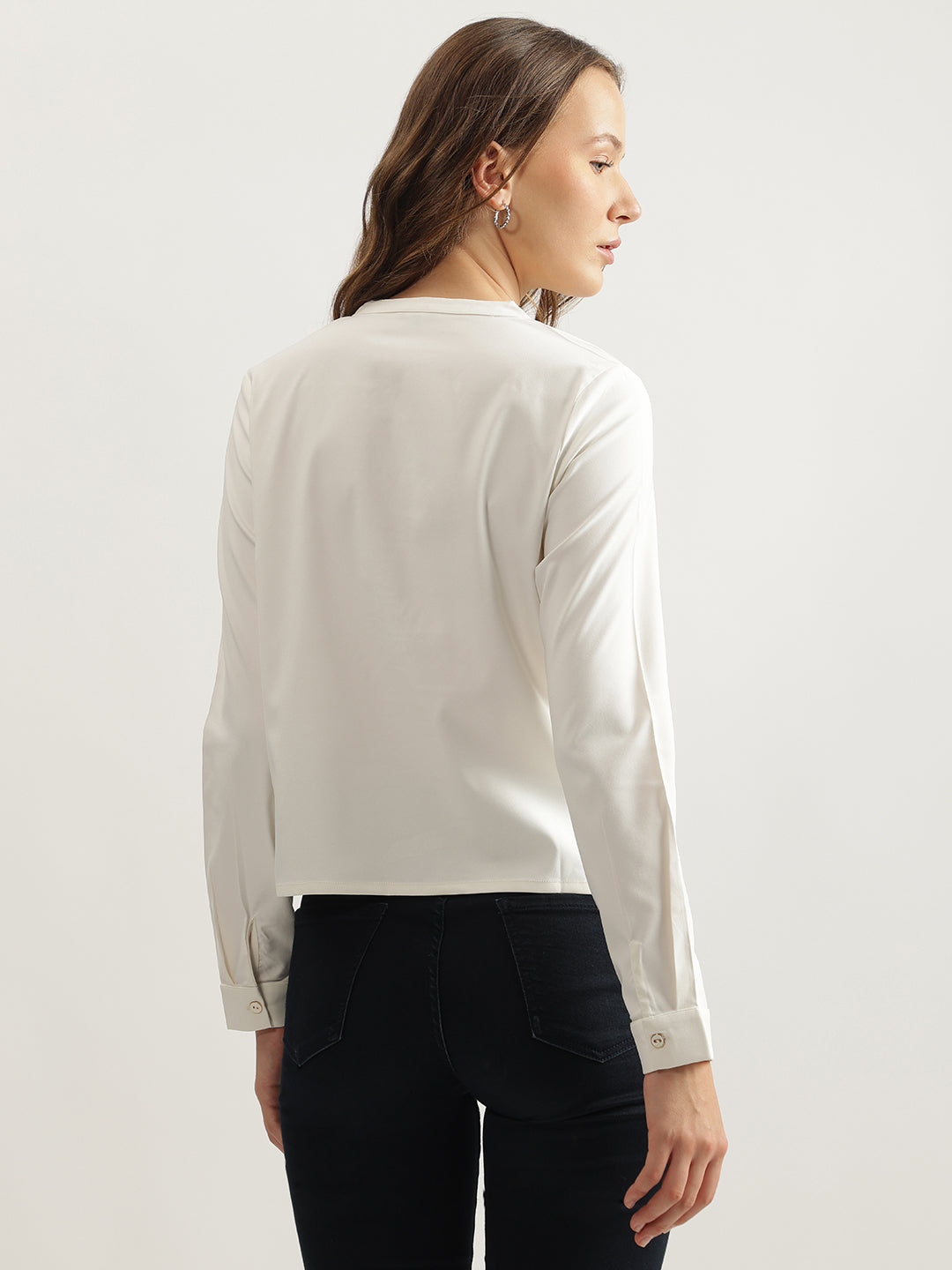 Iconic Women White Solid Band Collar Top