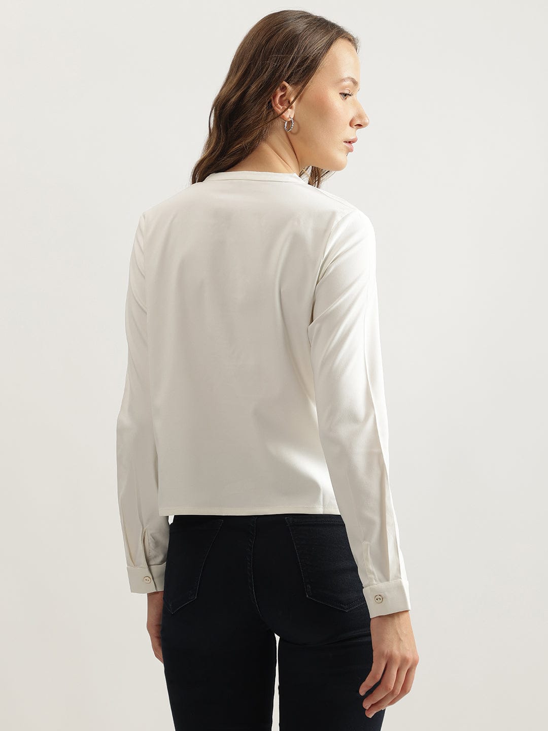 Iconic Women White Solid Band Collar Top