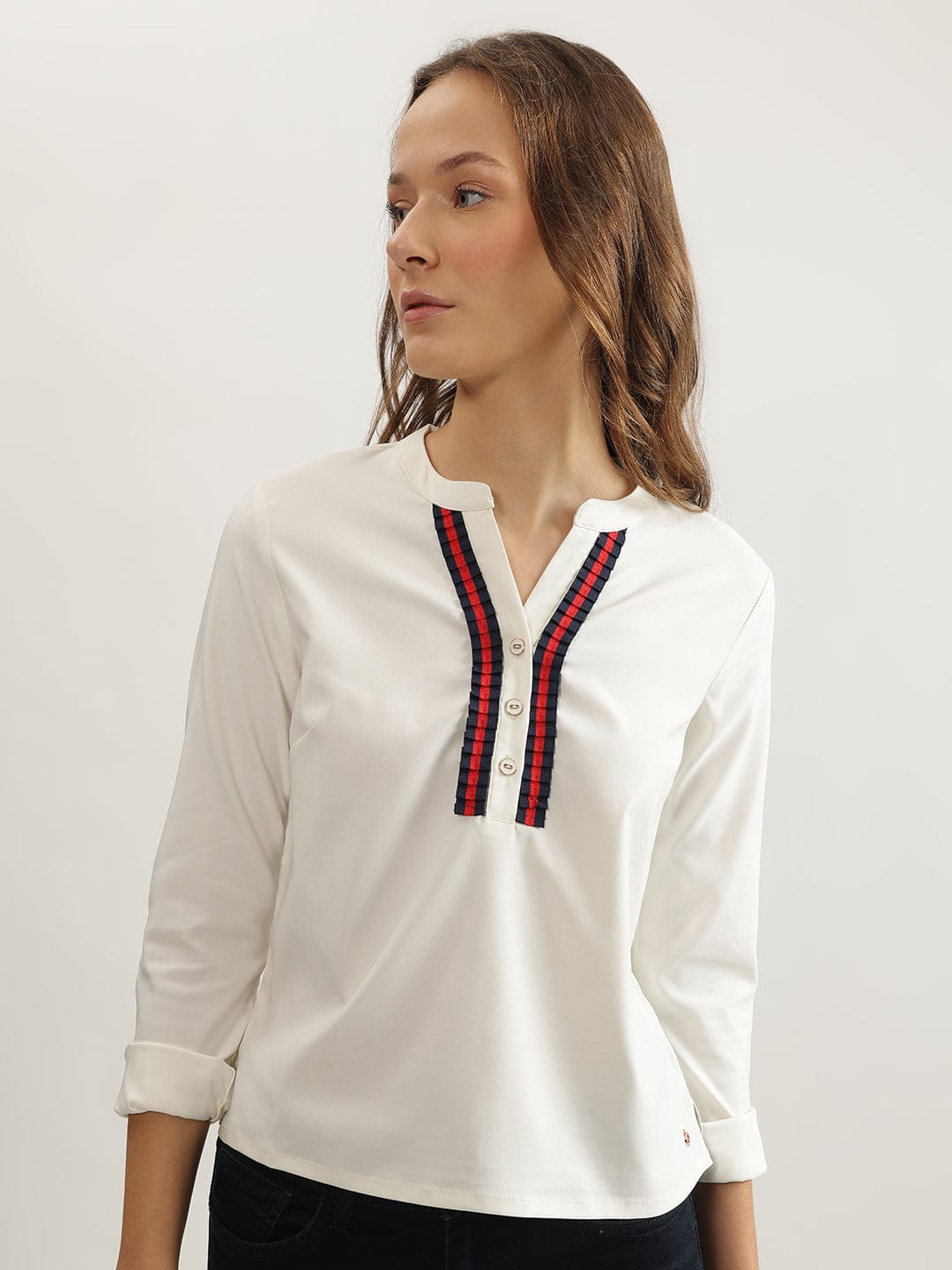 Iconic Women White Solid Band Collar Top