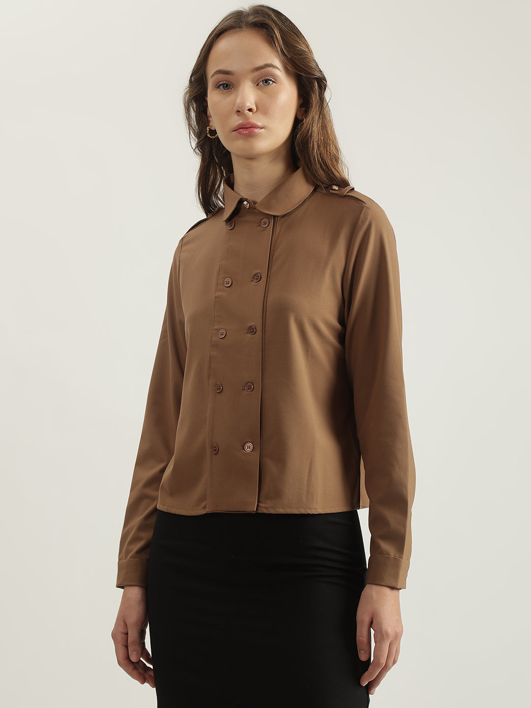 Shop Iconic Women Brown Solid Spread Collar Full Sleeves Shirt Online –  Iconic India