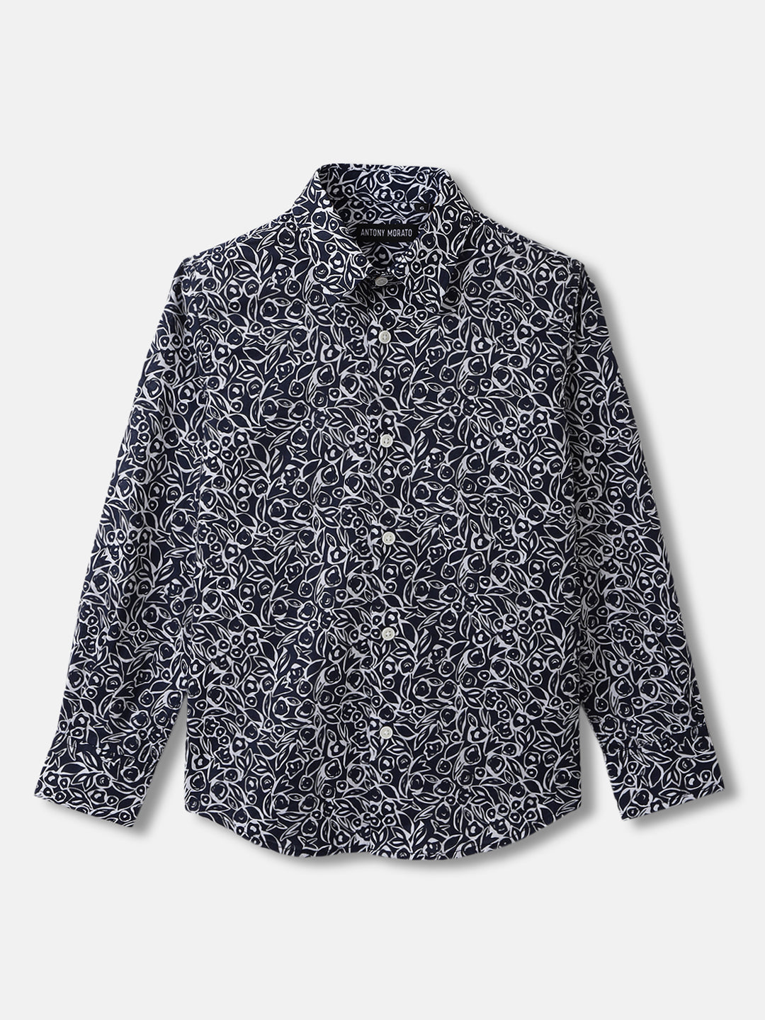 Antony Morato Boys Navy Blue Printed Spread Collar Full Sleeves Shirt