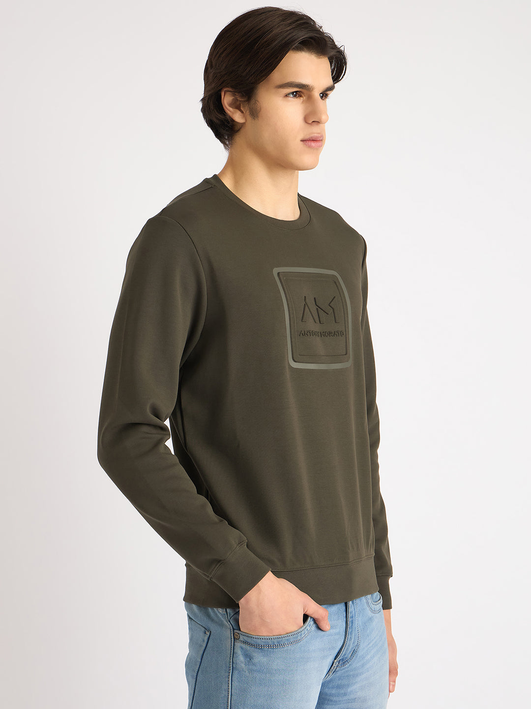Antony Morato Men Green Solid Round Neck Full Sleeves Sweatshirt