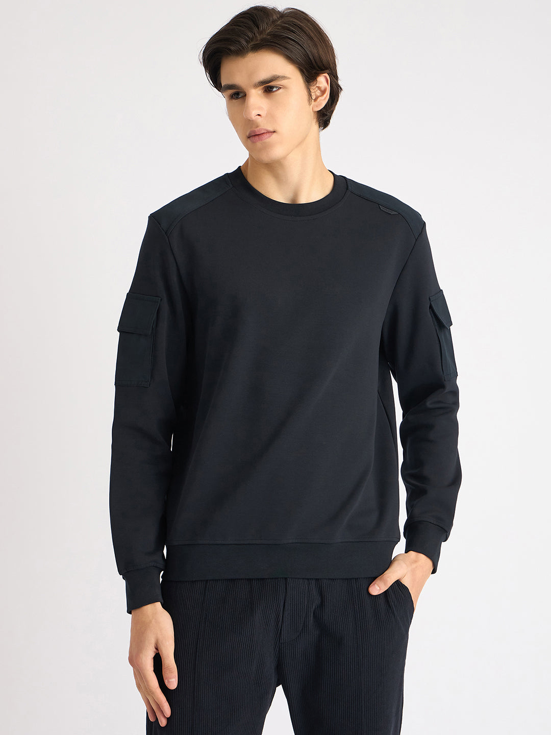 Antony Morato Men Blue Solid Round Neck Full Sleeves Sweatshirt