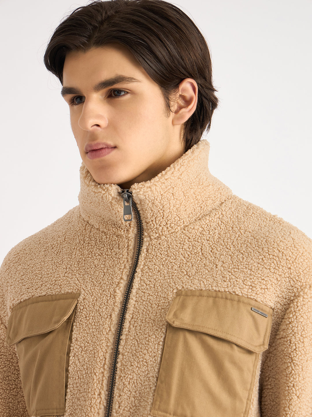 Antony Morato Men Beige Color-Blocked High Neck Full Sleeves Sweatshirt