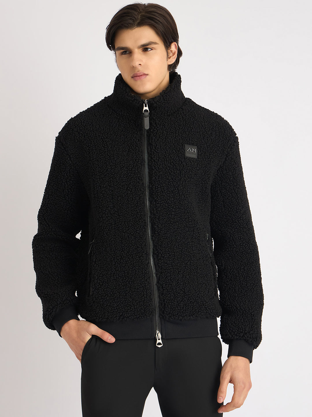 Antony Morato Men Black Solid High Neck Full Sleeves Fleece Sweatshirt