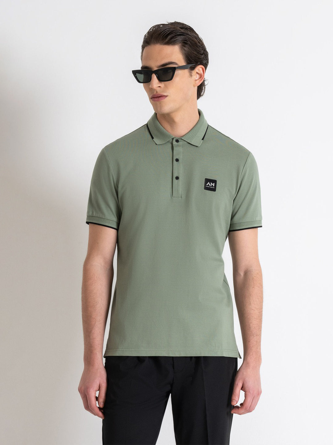 Antony Morato Men Green Solid Collared Short Sleeves Polo Tshirt