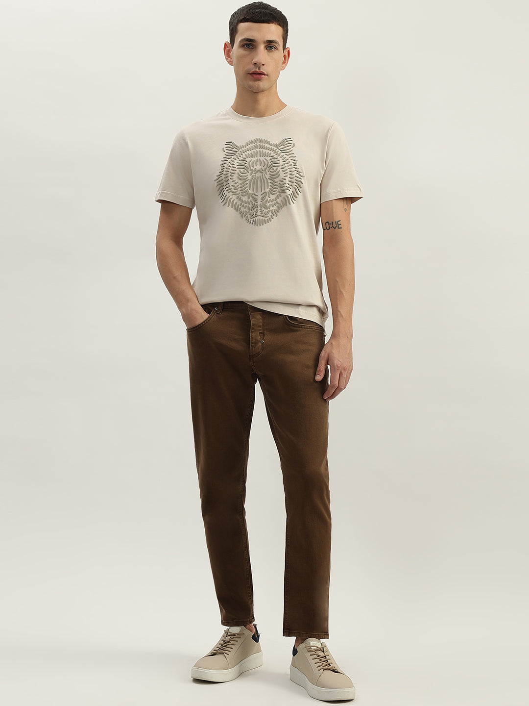 Antony Morato Men Beige Printed Round Neck Short Sleeves Tshirt