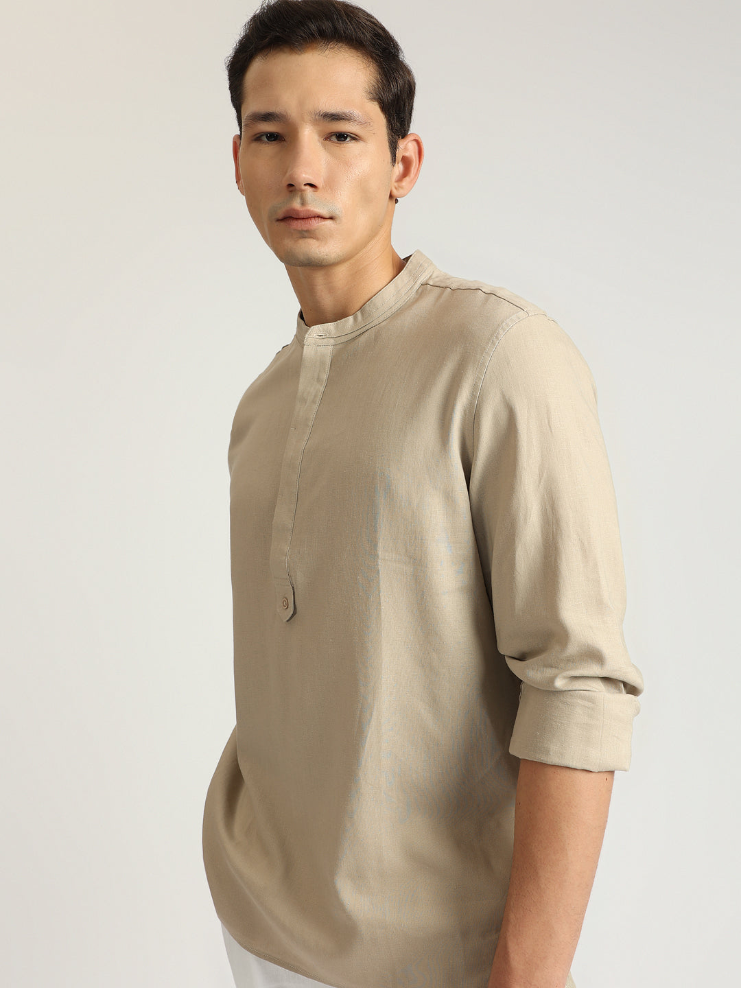 Antony Morato Men Beige Solid Band Collar Full Sleeves Shirt