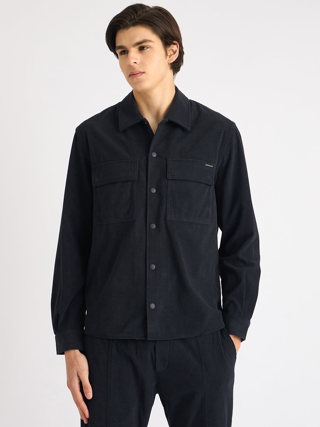 Antony Morato Men Blue Solid Spread Collar Full Sleeves Corduroy Shirt