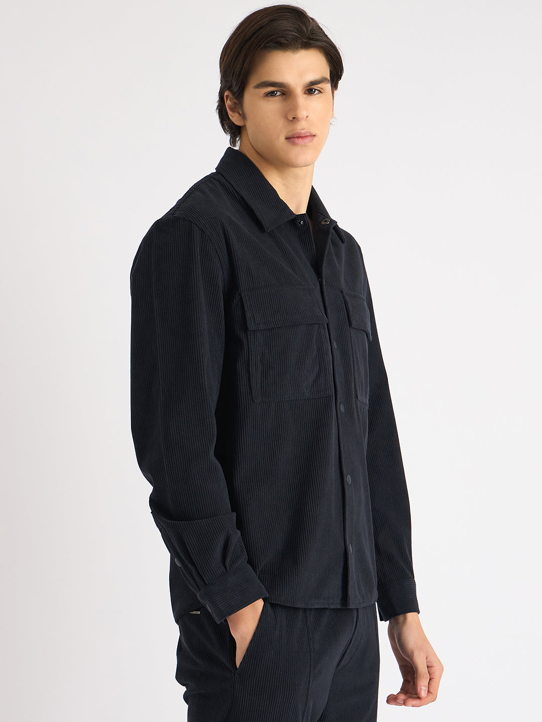 Antony Morato Men Blue Solid Spread Collar Full Sleeves Corduroy Shirt