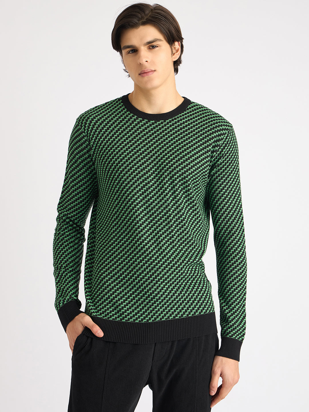 Antony Morato Men Green Self Design Round Neck Full Sleeves Sweater