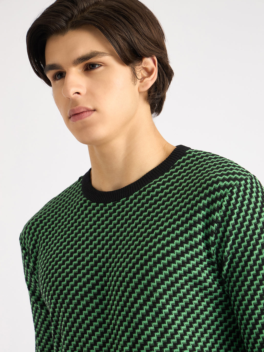 Antony Morato Men Green Self Design Round Neck Full Sleeves Sweater