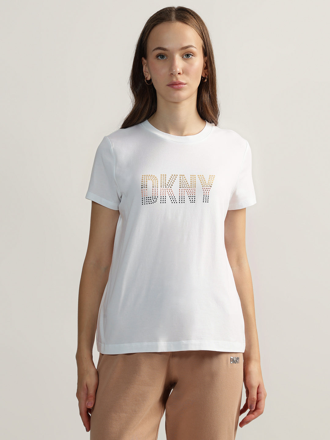 Shop DKNY Women White Solid Round Neck Short Sleeves T-Shirt