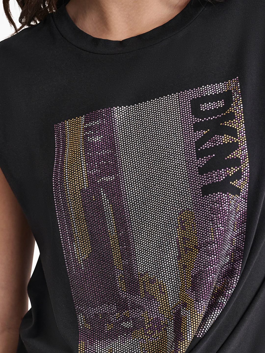 Dkny Women Black Embellished Round Neck Short Sleeves Tshirt