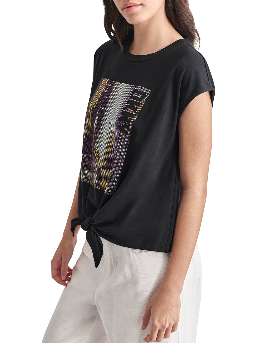 Dkny Women Black Embellished Round Neck Short Sleeves Tshirt