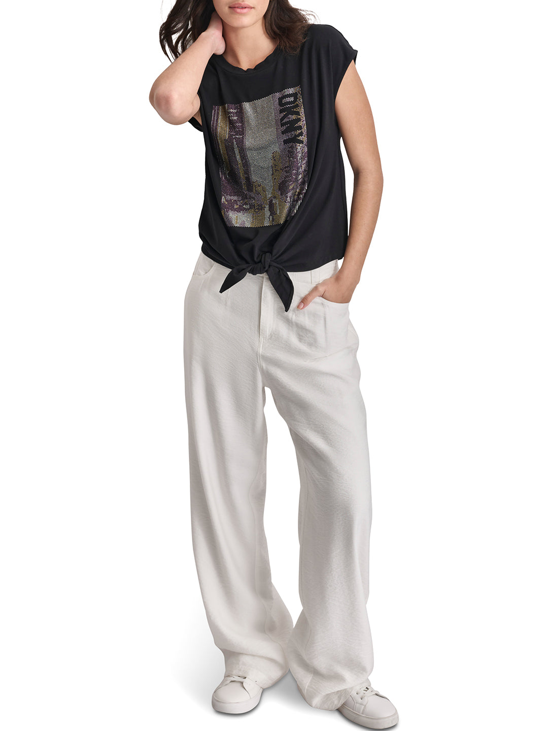 Dkny Women Black Embellished Round Neck Short Sleeves Tshirt