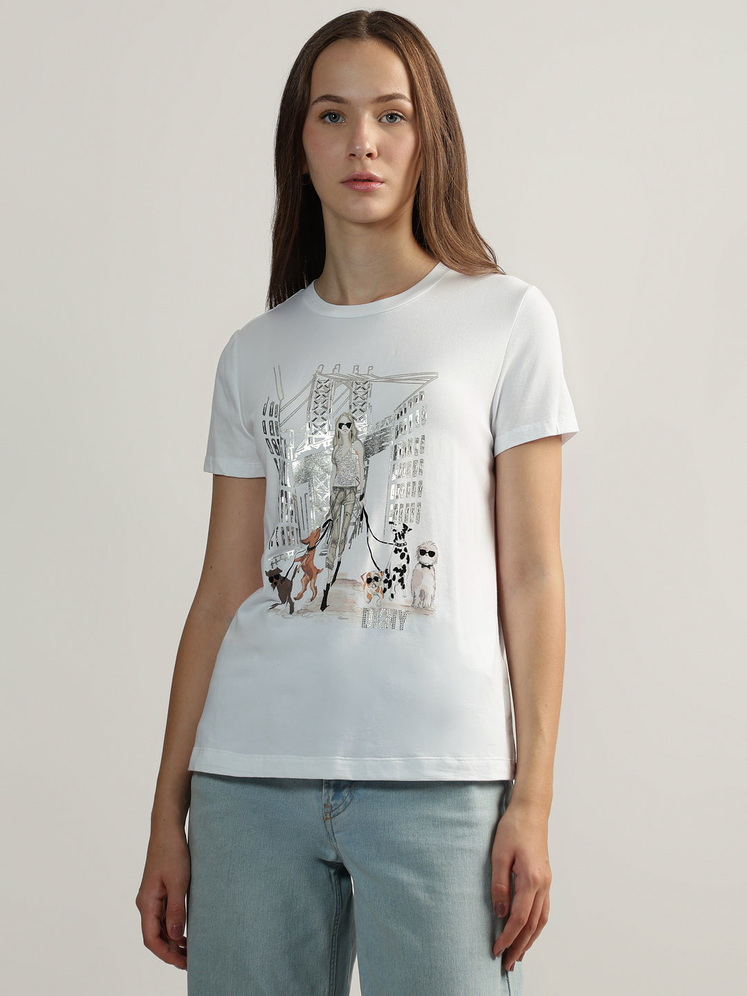 DKNY Women White Printed Round Neck Short Sleeves Tshirt