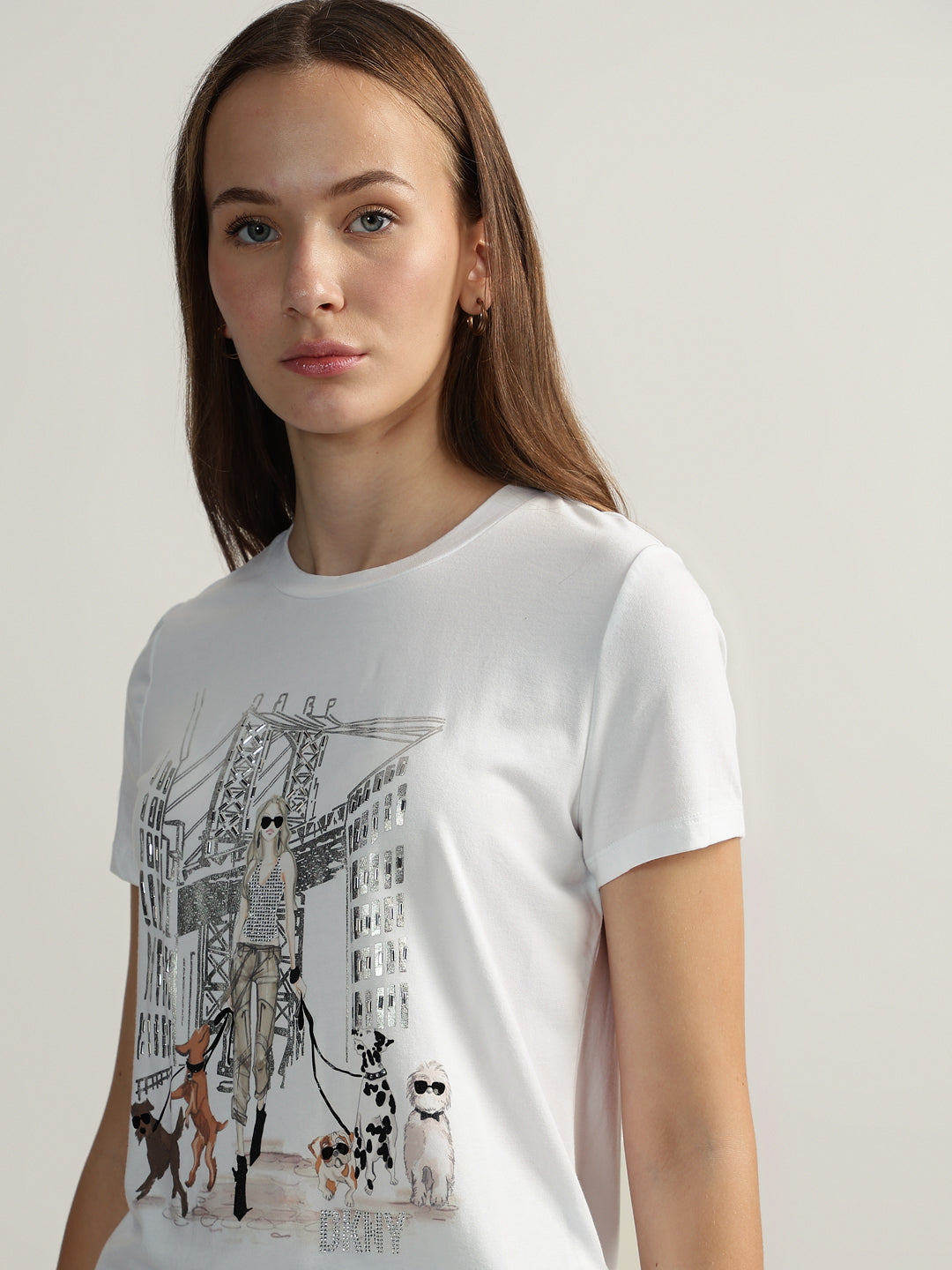 DKNY Women White Printed Round Neck Short Sleeves Tshirt