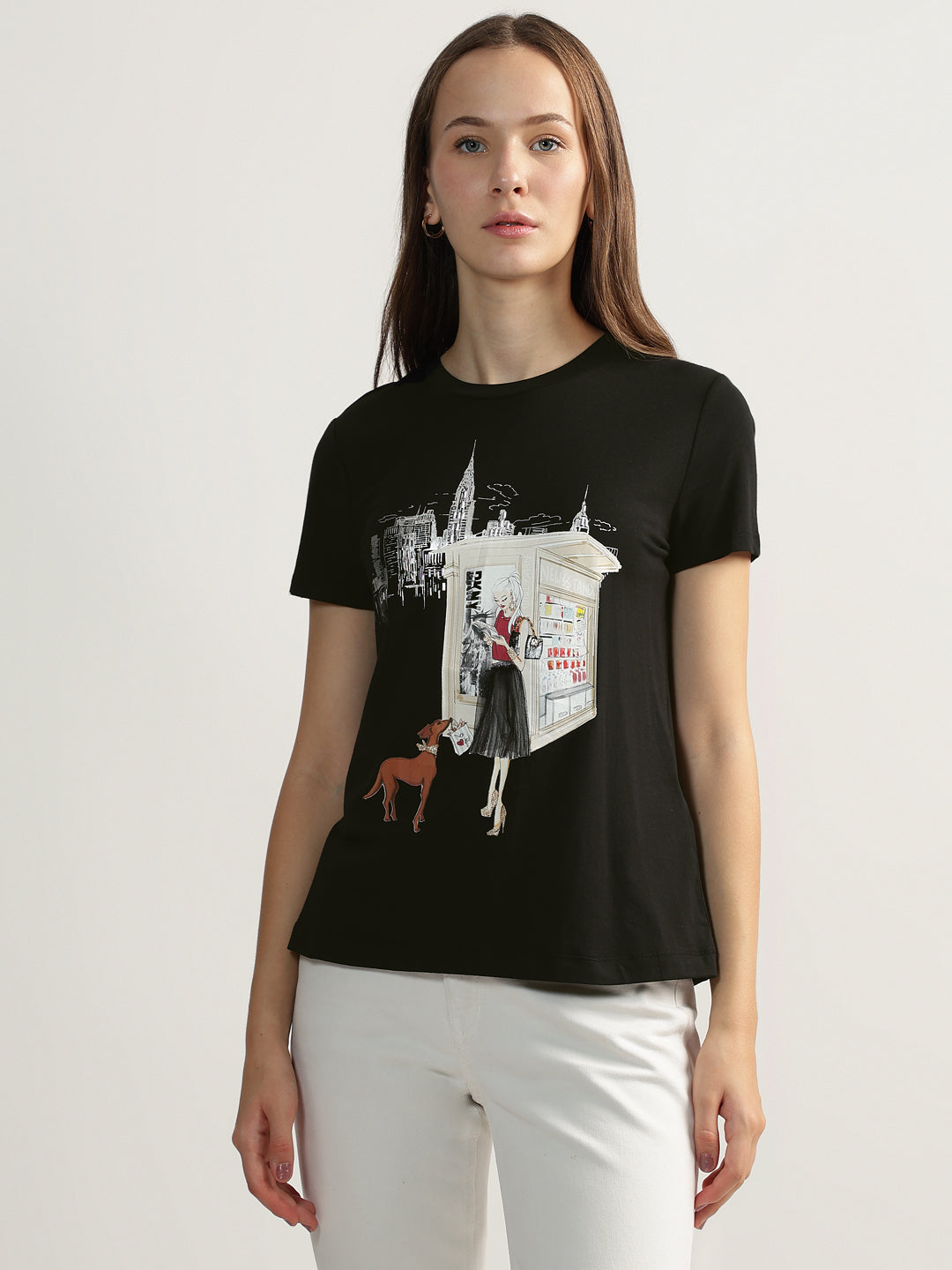 DKNY Women Black Printed Round Neck Short Sleeves Tshirt