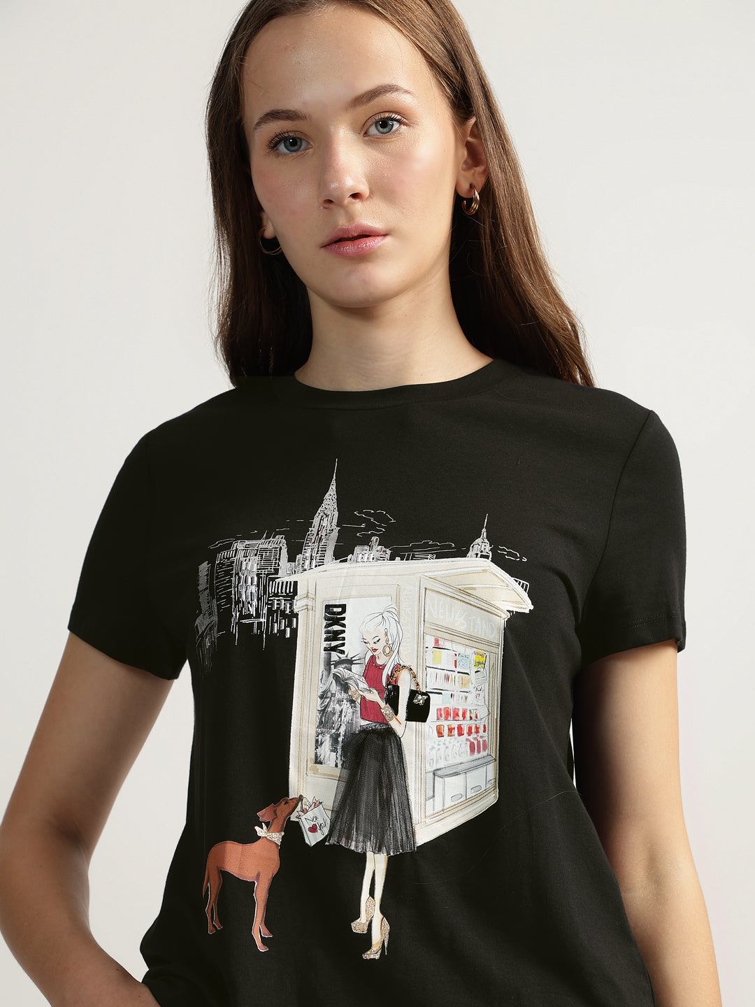 DKNY Women Black Printed Round Neck Short Sleeves Tshirt