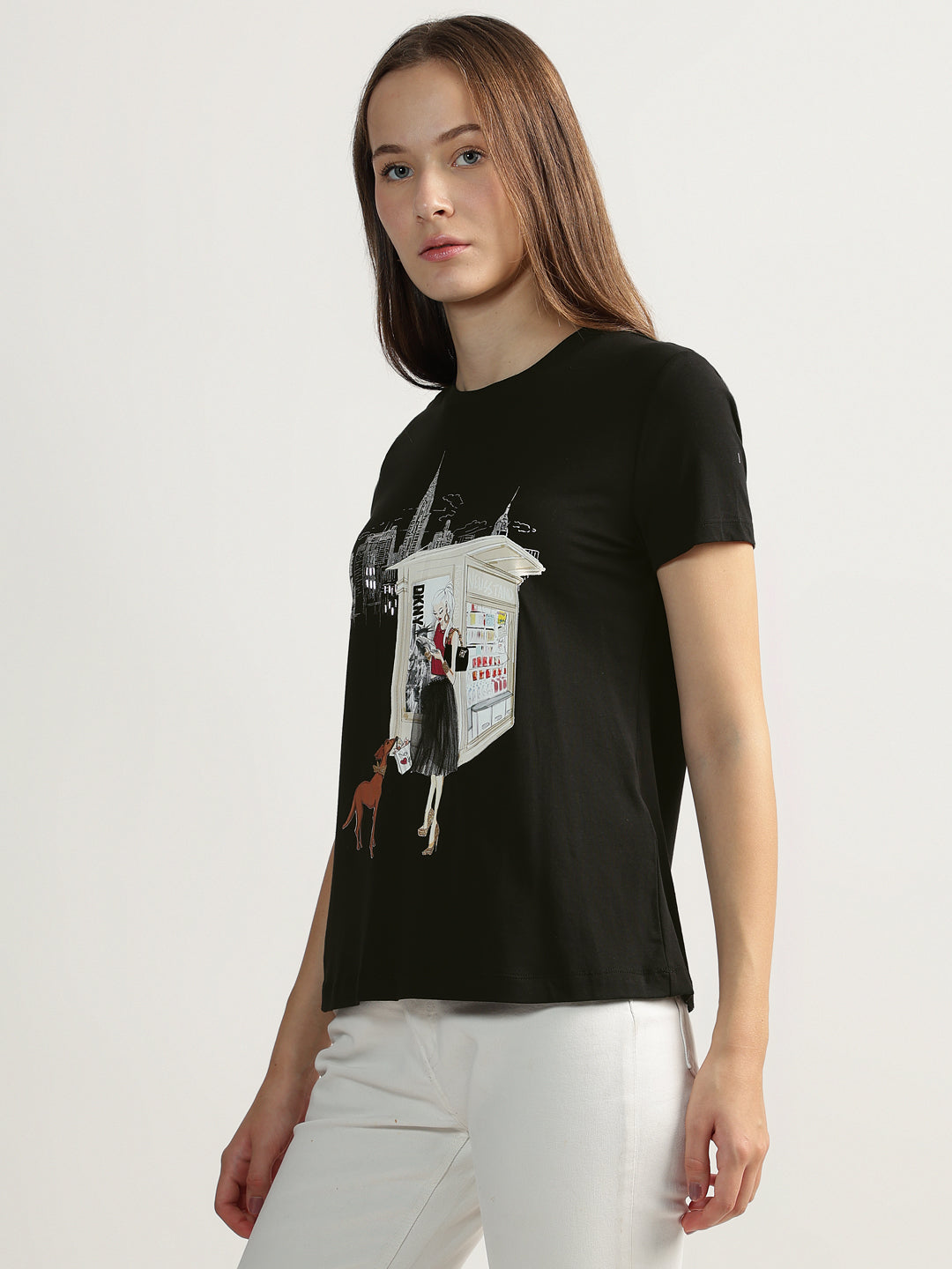 DKNY Women Black Printed Round Neck Short Sleeves Tshirt