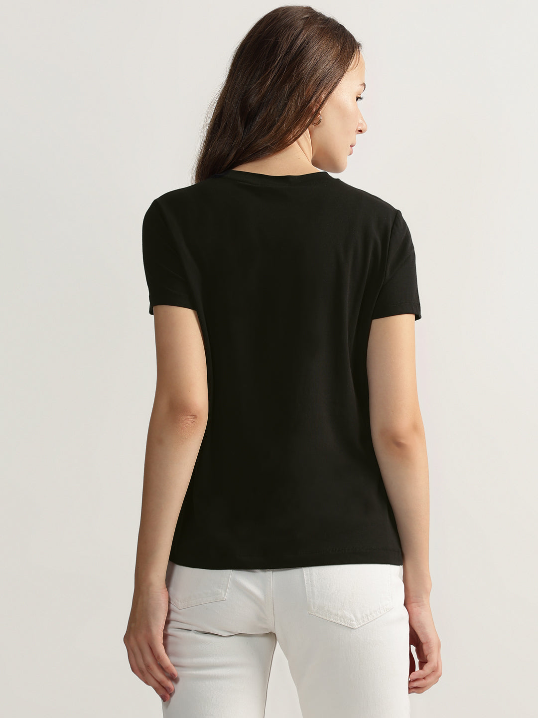 DKNY Women Black Printed Round Neck Short Sleeves Tshirt