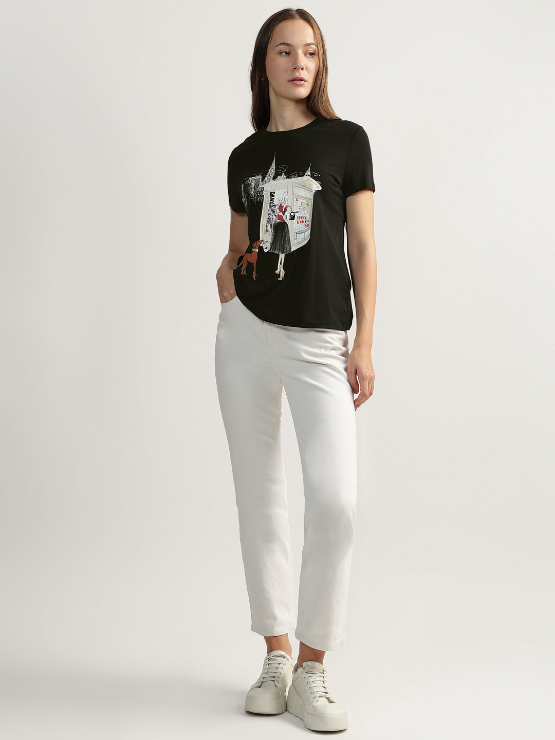 DKNY Women Black Printed Round Neck Short Sleeves Tshirt