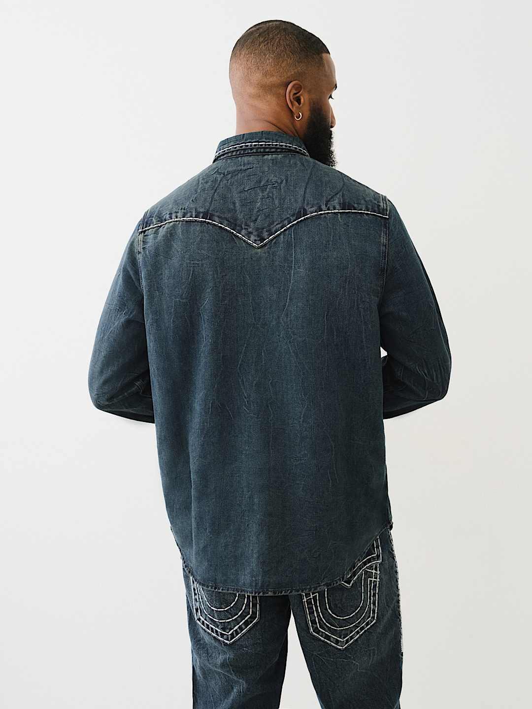 True Religion Men Blue Classic Point Collar Full Sleeves Contrast Stitching Denim Shirt
