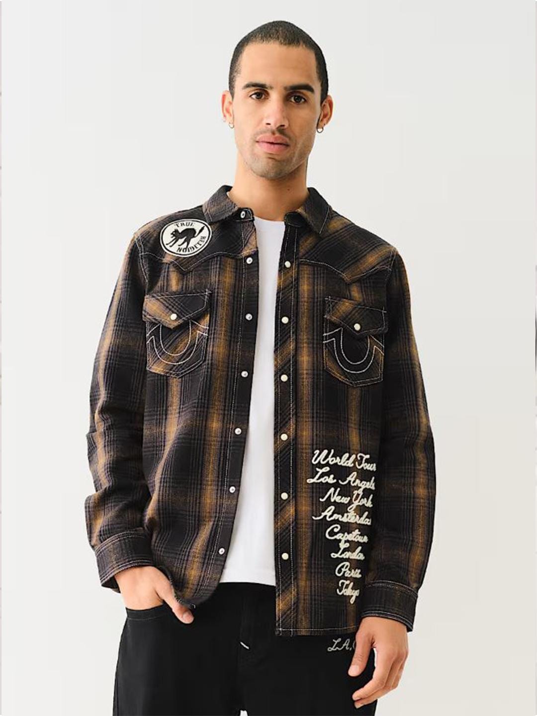 True Religion Mens Black Spread Collar Full Sleeve Patch Work Shirt