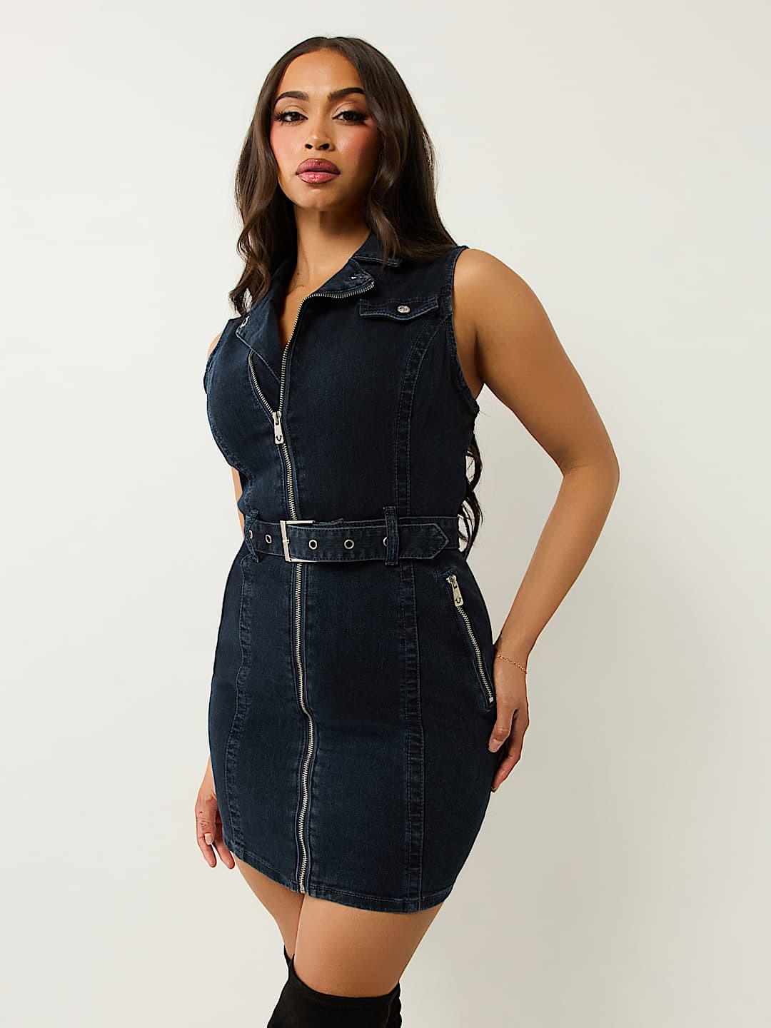 True Religion Women Blue Lapel Sleeveless Denim Bodycon Dress