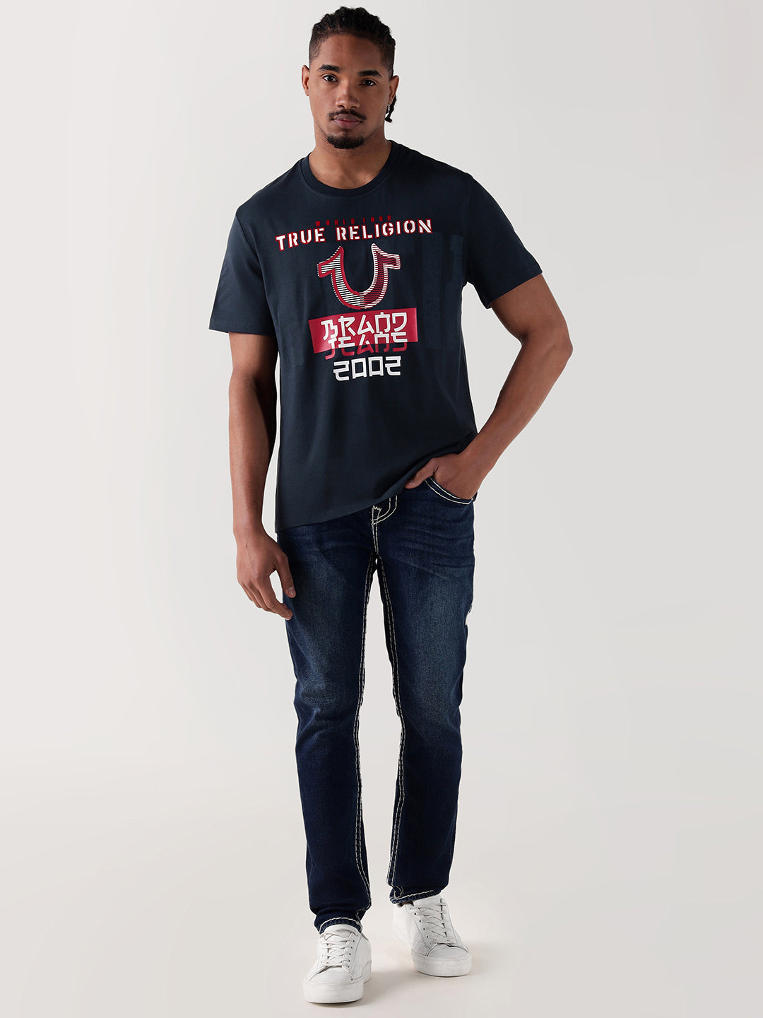 TRUE RELIGION Men Navy Blue Printed Round Neck Regular Fit T Shirt