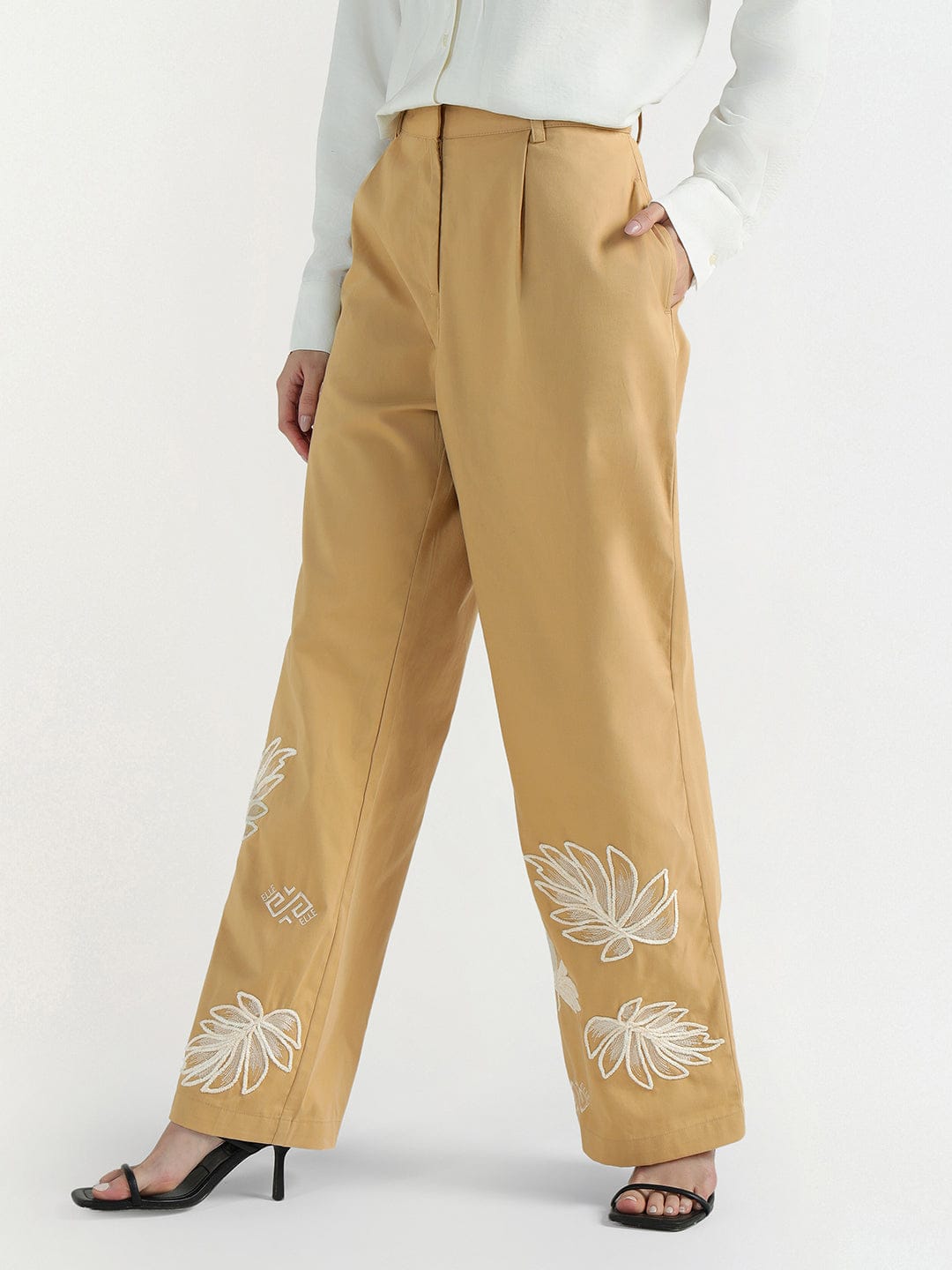 Elle Women Beige Embroidered Trouser