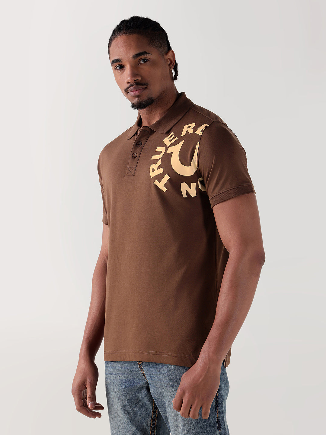 TRUE RELIGION Men Brown Logo Regular Fit Polo T-Shirt