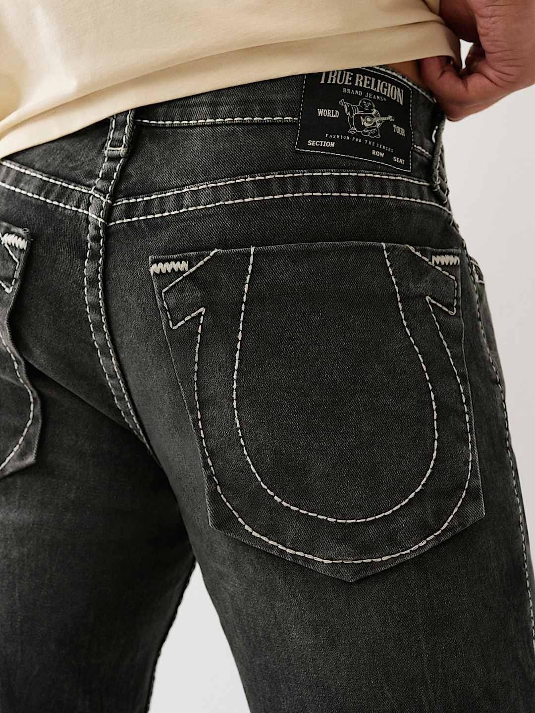 True Religion Men Black Straight Fit Washed Big T Ricky Shorts