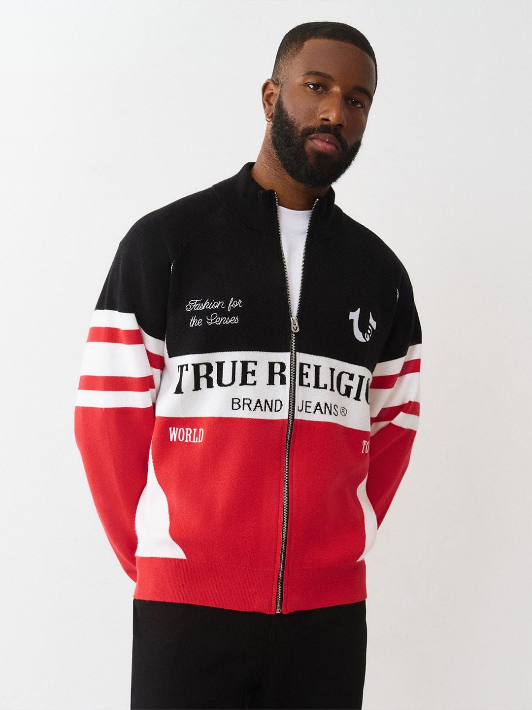 True Religion Men Regular Fit Multicolour Logo Pure Acrylic Sweater