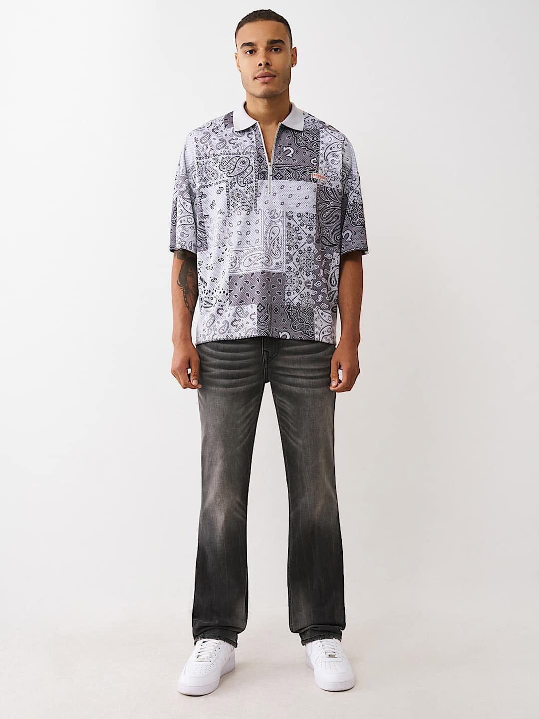 TRUE RELIGION Men Dark Grey Embroidered Ricky Straight Fit Jeans