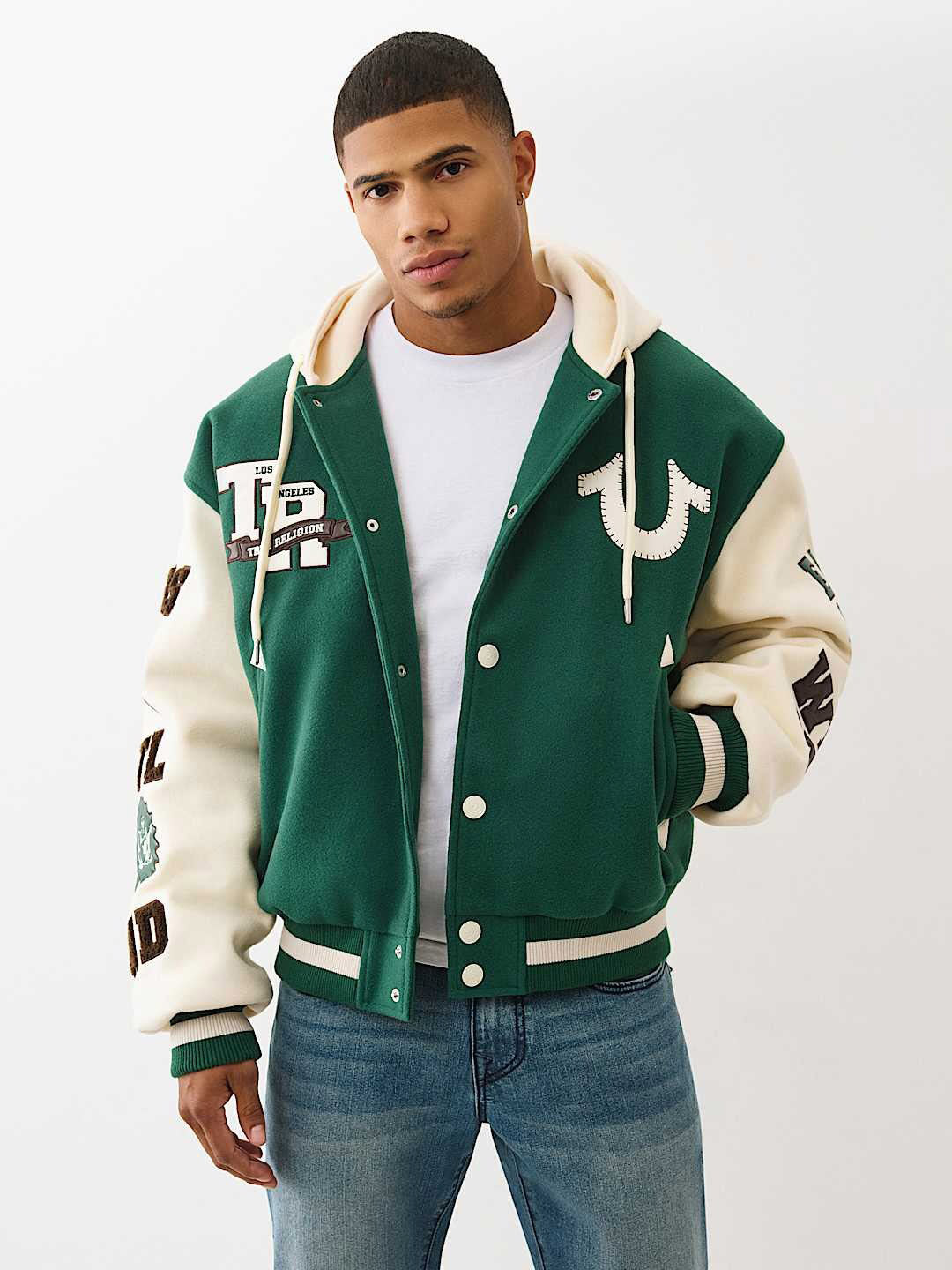 TRUE RELIGION Men Green Embroidered Hooded Fit Varsity Jacket